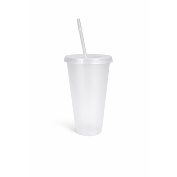 Clear 24oz PP plastic tumbler with lid and straw, ready for personalization.