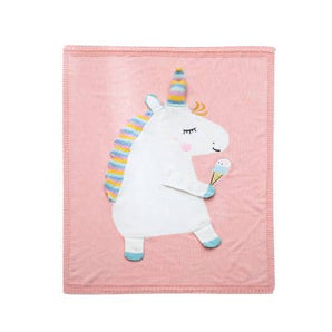 Pink personalized blanket with a cute white unicorn holding an ice cream cone, featuring a striped mane and horn.