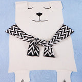 My Little Thieves personalized white dog blanket with a black and white chevron scarf on a light blue background.