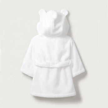 White organic cotton baby hooded bathrobe with bear ears and a tie belt, 12-18 months.