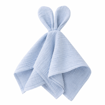 Light blue cotton muslin baby comforter with tied bunny ears.
