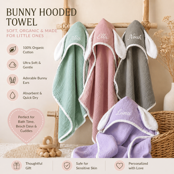 Organic cotton bunny hooded towels in mint, pink, gray, and lavender, personalized with names.