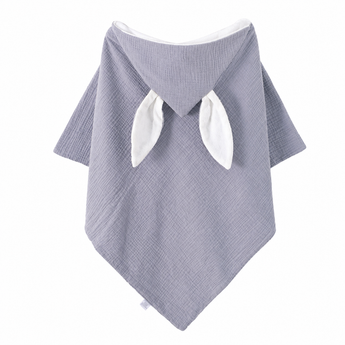 Organic gray hooded towel with white bunny ears and a textured cotton weave.