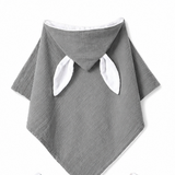 Gray organic cotton hooded towel with white bunny ears and trim.