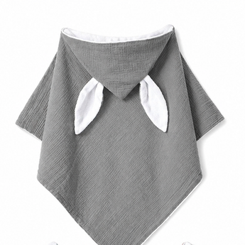 Gray organic cotton hooded towel with white bunny ears and trim.