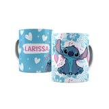 Personalized 11 oz ceramic mug with blue Stitch design, white hearts, and "LARISSA" in pink.