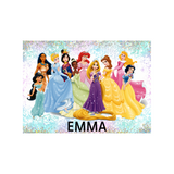 Personalized 60-piece kids puzzle featuring ten Disney princesses and "EMMA" in black text on a glittery background.