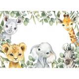 Watercolor safari animal puzzle with a rhino, giraffe, lion cub, elephant, and zebra framed by eucalyptus leaves.