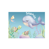 Personalized kids puzzle with a sleeping whale, turtle, snail, and fish in an underwater scene, featuring the name "Sophia.