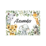 Personalized kids puzzle with "Alexander" in script, surrounded by watercolor safari animals and eucalyptus leaves.