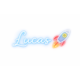 Personalized "Lucas" blue neon LED sign with a colorful rocket ship, perfect for bedroom decor.