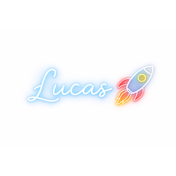 Personalized "Lucas" blue neon LED sign with a colorful rocket ship, perfect for bedroom decor.