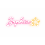 Personalized "Sophia" neon LED sign in pink script with a yellow star, ideal for bedroom decor.