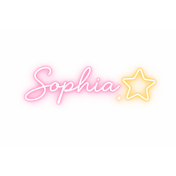 Personalized "Sophia" neon LED sign in pink script with a yellow star, ideal for bedroom decor.