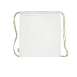 White recycled cotton drawstring bag with natural rope straps and a small green tag.