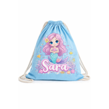 Light blue recycled cotton drawstring bag with a pink-haired mermaid and "Sara" in colorful script.