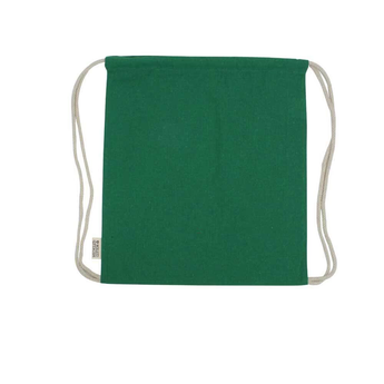 Green recycled cotton drawstring bag with natural rope straps and a small "RECYCLED COTTON" tag.