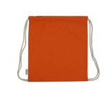 Orange recycled cotton drawstring bag with natural rope straps and a small white tag.