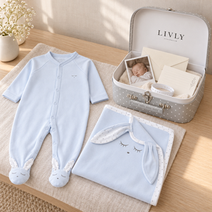 LIVLY Bunny SIMPLICITY Set – Baby Boy Soft Baby Blanket +  Bunny Simplicity  Cotton Sleepsuit Footie– Blue