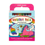 Ooly Unicorn Pals Carry-Along Crayons & Coloring Book Kit with 9 jumbo crayons and 48 pages.