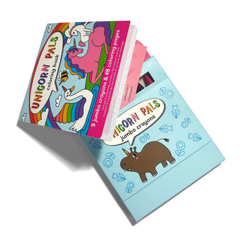 Ooly Unicorn Pals coloring book and jumbo crayons kit, featuring a blue box with a brown unicorn.