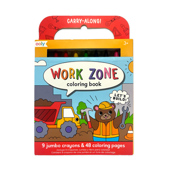 Ooly Carry Along Work Zone coloring book kit with 9 jumbo crayons and 48 pages.
