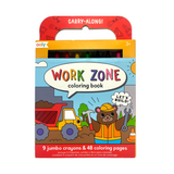 Ooly Carry Along Work Zone coloring book kit with 9 jumbo crayons and 48 pages.