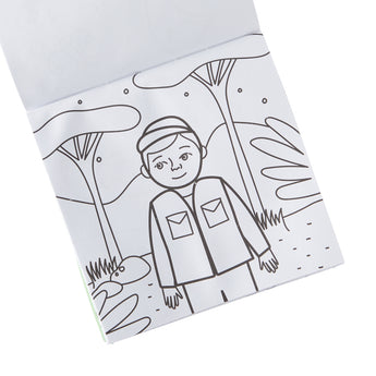Ooly Carry Along Coloring Book Kit with "On Safari" themed page featuring a child in a safari outfit.