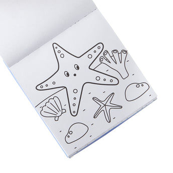 Open coloring book page with a large starfish, small starfish, seashells, and coral outlines.