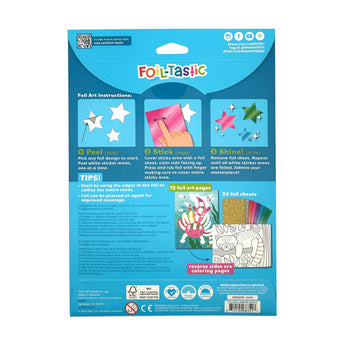 Ooly Foil-tastic 36-piece art set packaging with foil art instructions, colorful foils, and coloring pages.