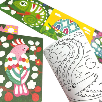 Ooly Foil-tastic art set showing colorful chameleon, turtle, pink parrot, and a black and white crocodile coloring page.
