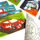 Ooly Foil Tastic 36-piece set with colorful foil art cards featuring a red race car, astronaut, and a coloring page.