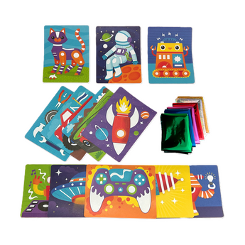 Ooly Foil Tastic 36-piece art set with colorful foil sheets and whimsical designs like a cat, astronaut, robot, rocket, and game controller.