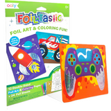 Ooly Foil-Tastic art kit with rocket, monster truck, and game controller foil art designs.