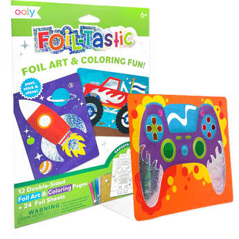 Ooly Foil-Tastic art kit with rocket, monster truck, and game controller foil art designs.