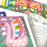 Close-up of OOLY Foil-tastic art set with colorful swan, butterfly, and unicorn coloring pages.