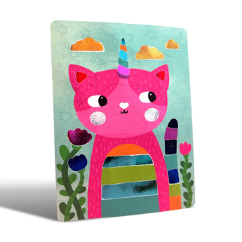 Ooly Foil-tastic art: pink unicorn cat with colorful striped body, glitter cheeks, and foil clouds on a teal background.