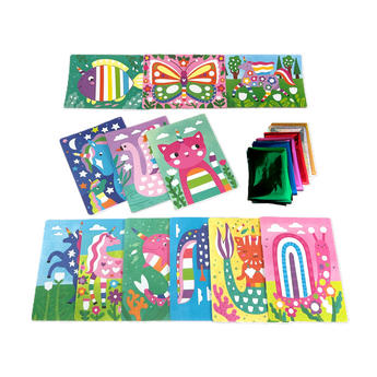 Ooly Foil Tastic 36-piece art set with colorful foil sheets and whimsical designs like unicorns, fish, and cats.