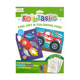 Ooly Foil-Tastic art kit with rocket and monster truck designs, 12 pages, 24 foil sheets.