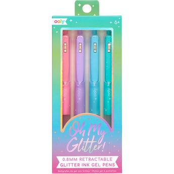 Ooly 4-pack retractable glitter gel pens in pink, purple, blue, and teal, displayed in a colorful box.