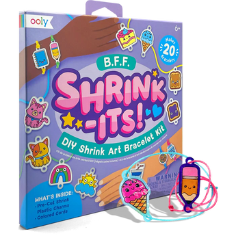 Ooly Shrink Its! DIY Shrink Art Bracelet Kit box with colorful pre-cut charms like ice cream and tacos.