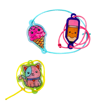 Two colorful shrink art bracelets: one with an ice cream and pencil charm, another with a cute cat charm.