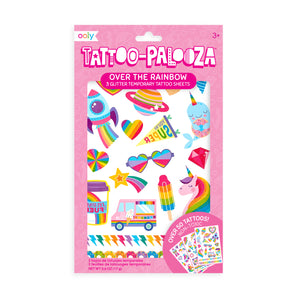 Ooly Tattoo Palooza "Over the Rainbow" temporary tattoos with colorful rockets, unicorns, and hearts.