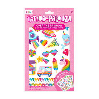 Ooly Tattoo Palooza "Over the Rainbow" temporary tattoos with colorful rockets, unicorns, and hearts.