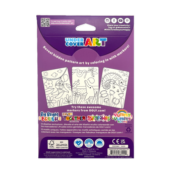 Back of Ooly Undercover Art Rainforest Fun coloring set, showing purple packaging, three black and white hidden pattern illustrations, and product details.