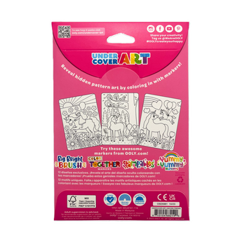 Back of Ooly Undercover Art Rainforest Fun coloring set, showing hidden pattern examples and product details.