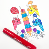 Ooly Undercover Art coloring page with unicorns and ice cream, partially colored with a red marker.