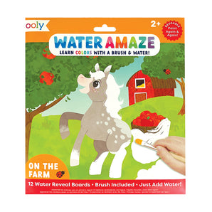 Ooly Water Amaze "On the Farm" water reveal boards with a gray horse, red barn, and apples.