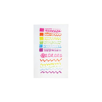 Swatches of 12 Ooly Yummy Yummy scented markers in rainbow colors, showing various lines and dots.