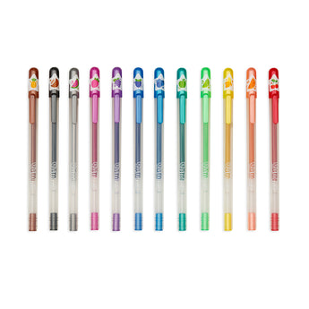 Twelve Ooly Yummy Yummy scented markers in a rainbow of colors, each with a fruit icon on the cap.